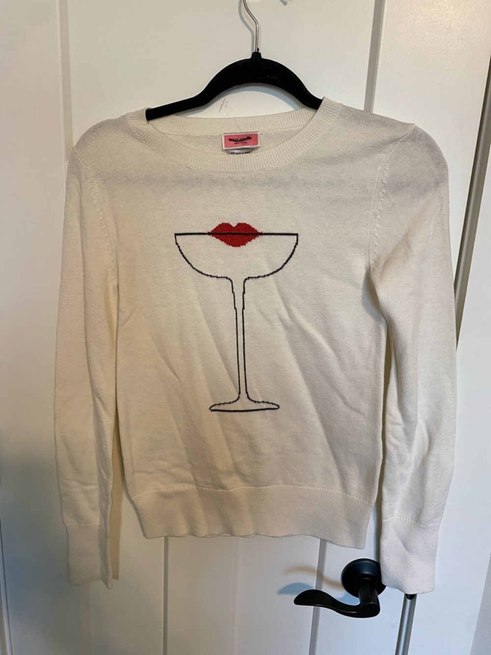 kate spade Cream Sweater with Red Lip & Black Champagne Glass Motif